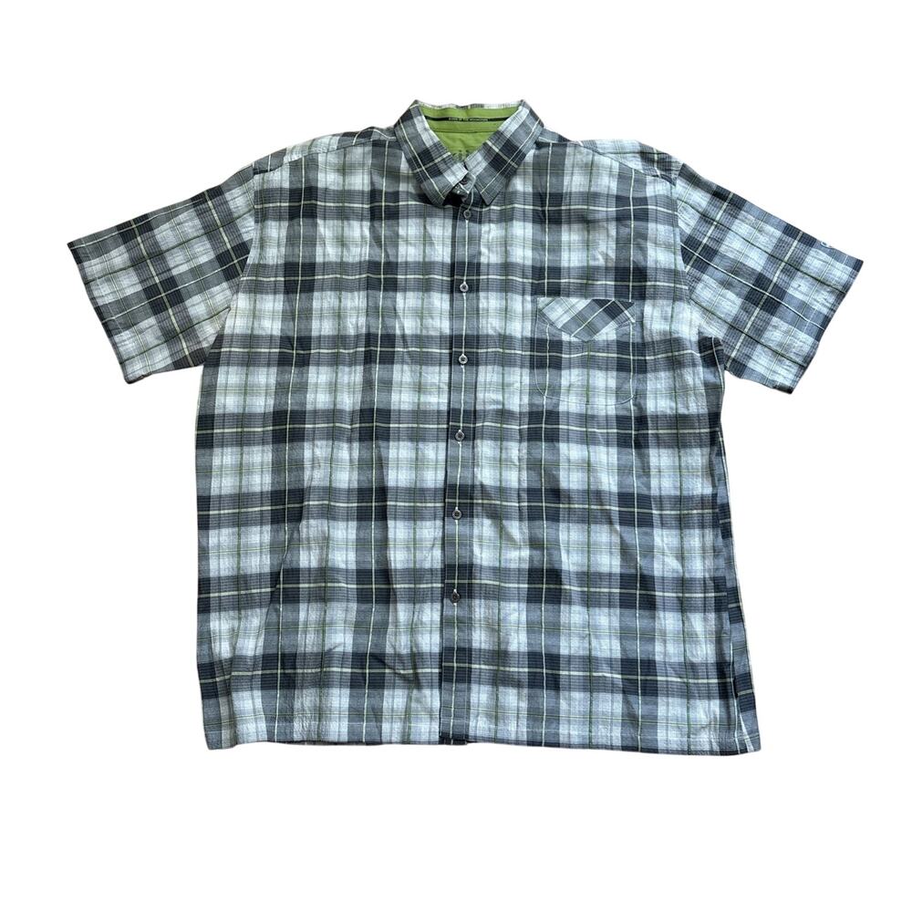 KUHL Mens XXL Shirt Short Sleeve Plaid Grey Lime Green Hiking Outdoor Casual 2XL